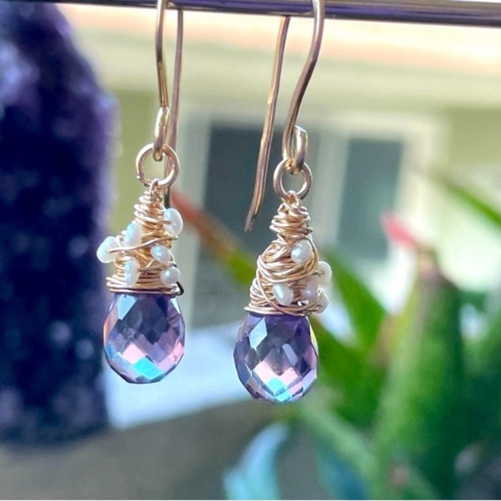 Alexandrite Crystals And Pearls Artisan Earrings 14K Gold Filled - Picture 1 of 16